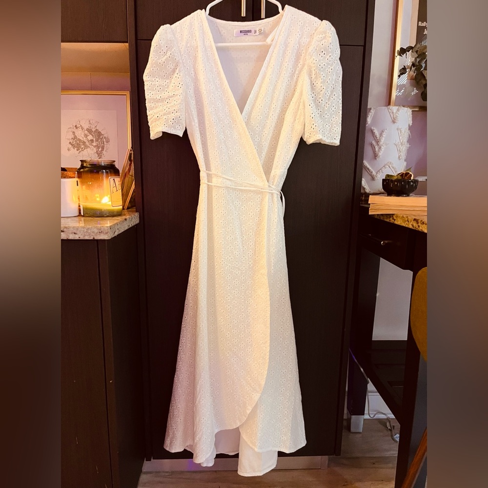 White eyelet wrap dress